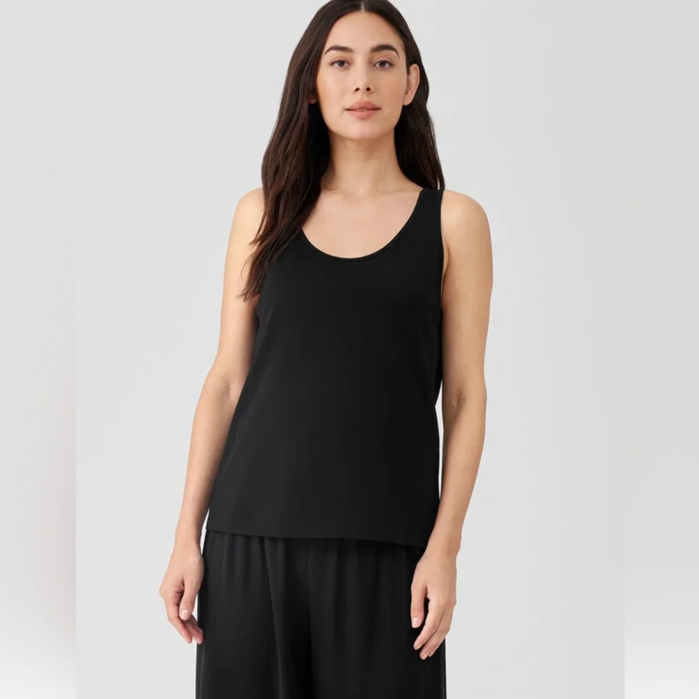 Eileen Fisher Black Stretch 100% Silk Jersey Scoop Neck Tank Slim Fit SZ XL - Picture 3 of 13